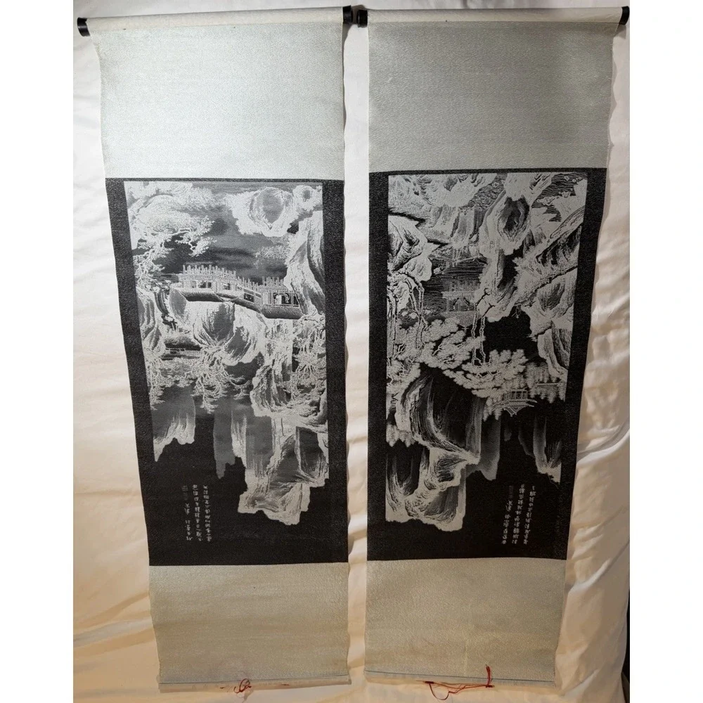 Chinese Silk Landscape Hanging Scroll Pair After Tang Yin Calligraphy Asian Art